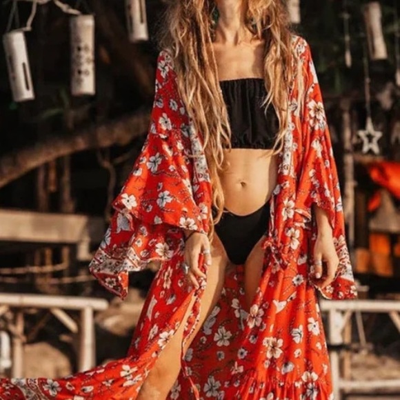 Vintage Floral Print Wrap Dress Kimono Robe Duster Cardigan - Picture 7 of 8